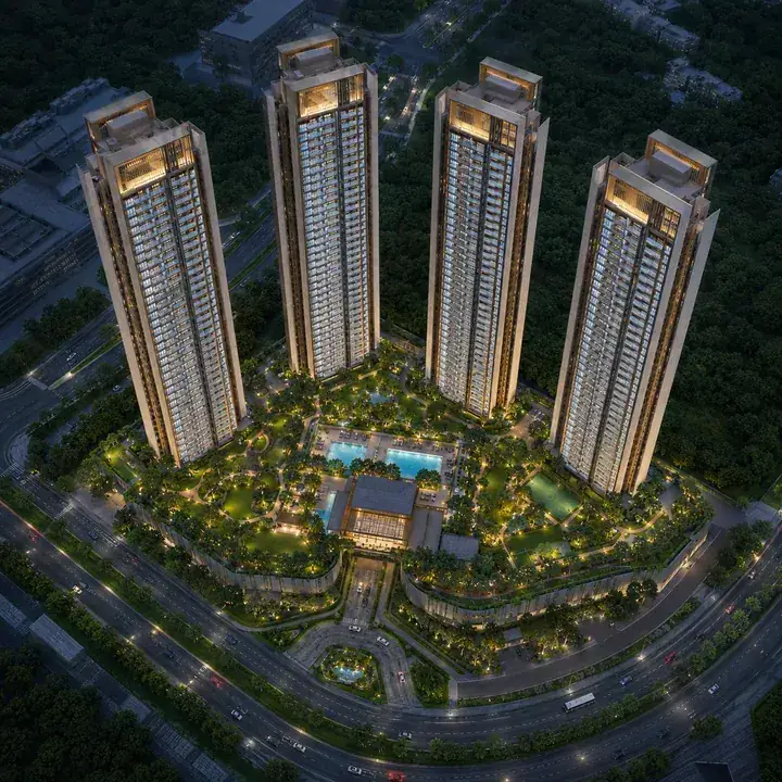 Prestige Hennur aerial view of the four-tower community on Hennur Road, North-East Bengaluru Prestige Hennur aerial view of the four-tower community on Hennur Road, North-East Bengaluru