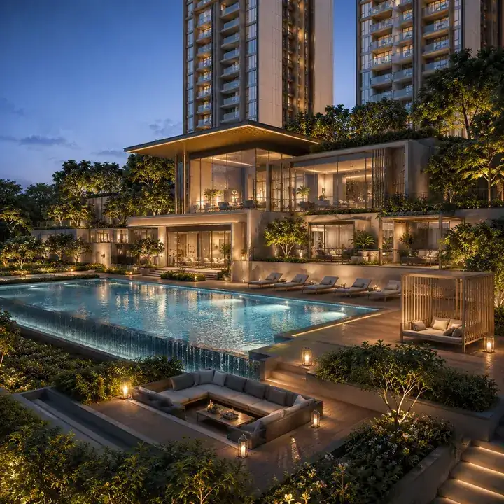 Prestige Hennur clubhouse precinct with the pool deck at dusk Prestige Hennur clubhouse precinct with the pool deck at dusk