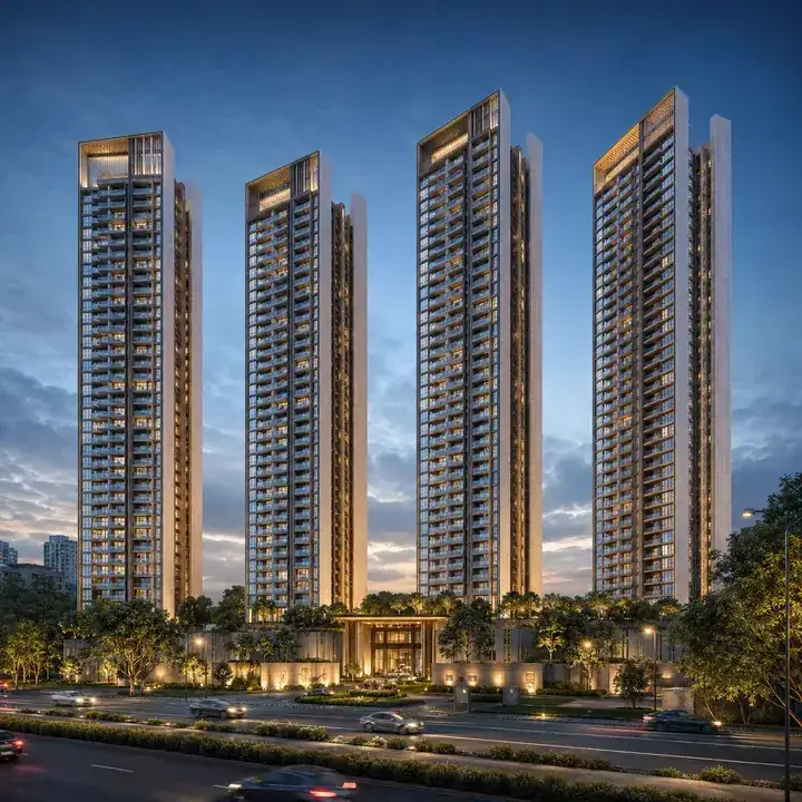 Prestige Hennur tower cluster seen from the Hennur Main Road approach Prestige Hennur tower cluster seen from the Hennur Main Road approach