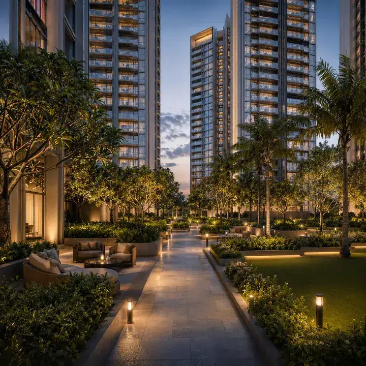 Prestige Hennur landscaped podium with pedestrian walkways between the towers Prestige Hennur landscaped podium with pedestrian walkways between the towers