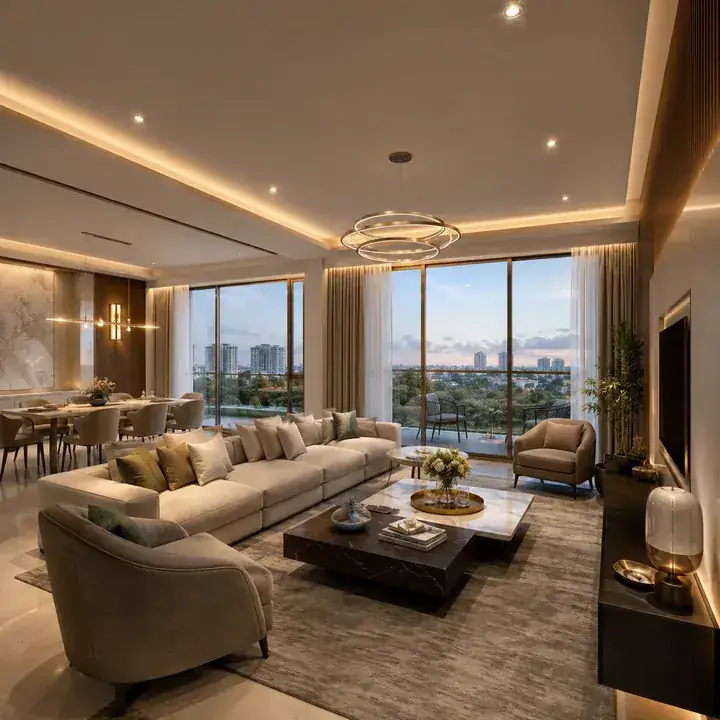 Prestige Hennur representative 3 BHK living-dining interior with balcony aspect Prestige Hennur representative 3 BHK living-dining interior with balcony aspect