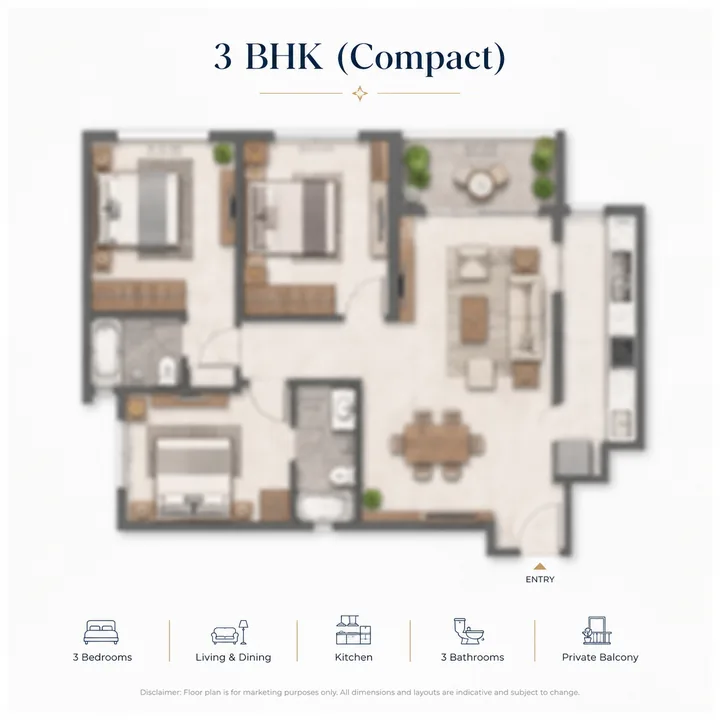 Prestige Hennur 3 BHK (Compact) floor plan layout Prestige Hennur 3 BHK (Compact) floor plan layout